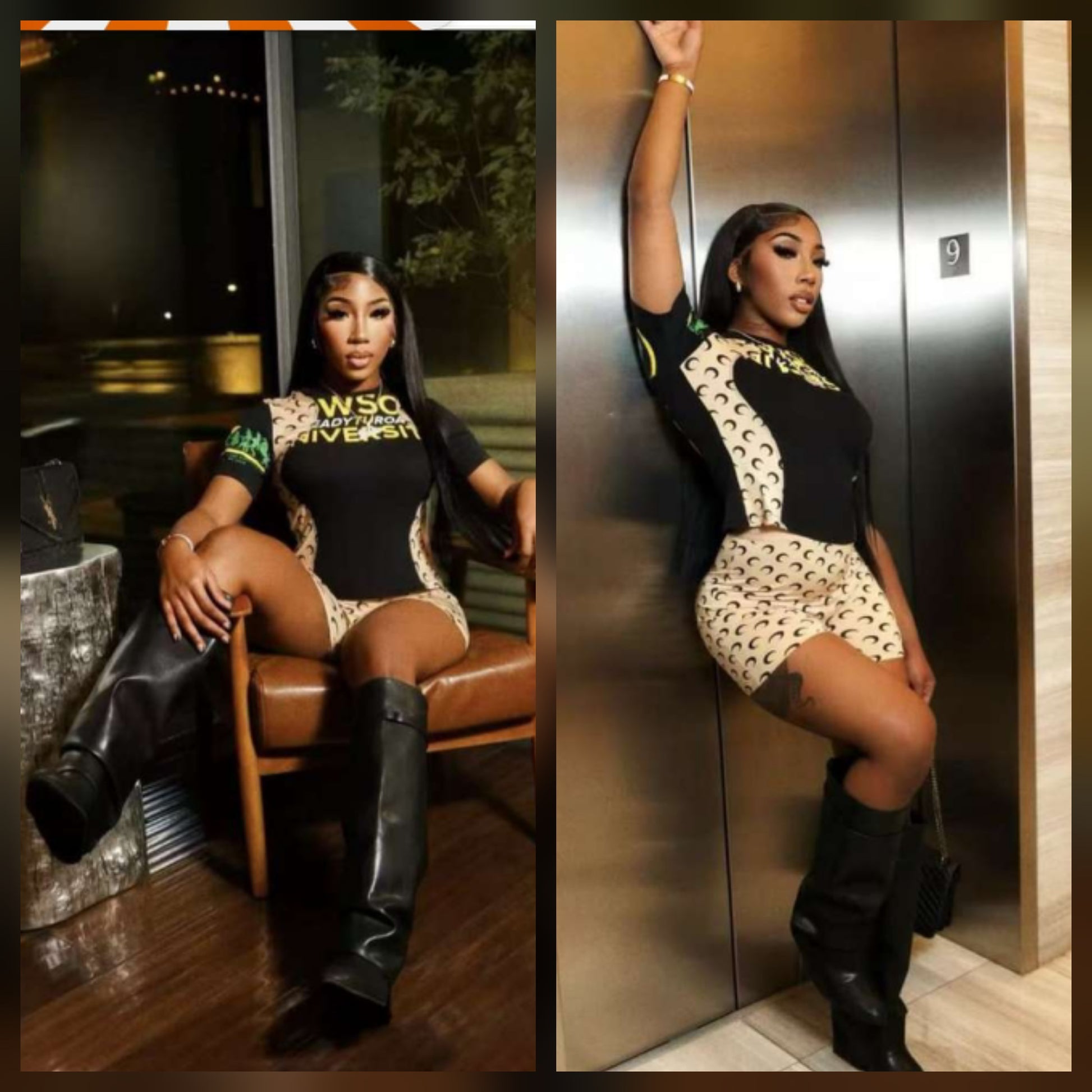 Model showcasing a stylish moon green set in a modern urban setting with chic black boots.