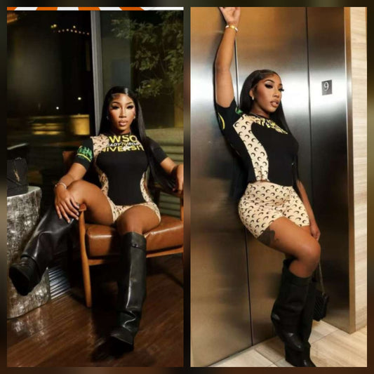 Model showcasing a stylish moon green set in a modern urban setting with chic black boots.