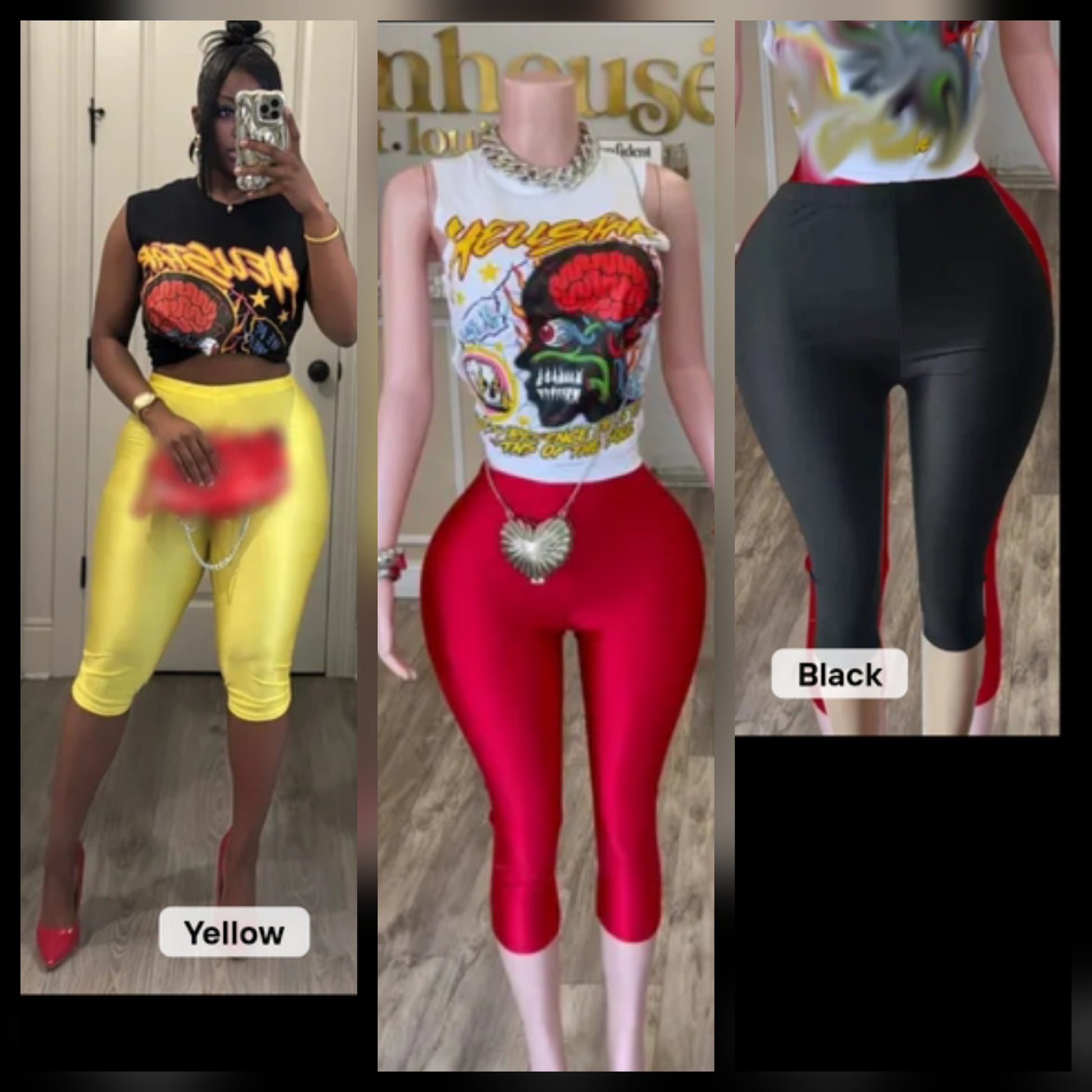 Graphic muscle brain capri set in yellow and black styles, showcasing vibrant designs and comfortable fit.