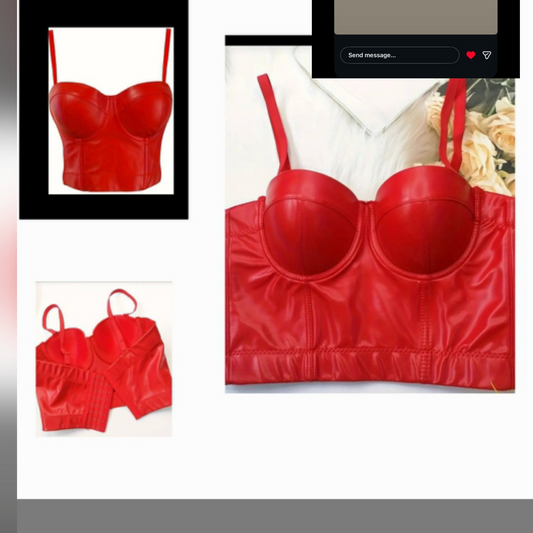 Red faux leather bustier displayed in three angles, showcasing its stylish design and fitted silhouette.
