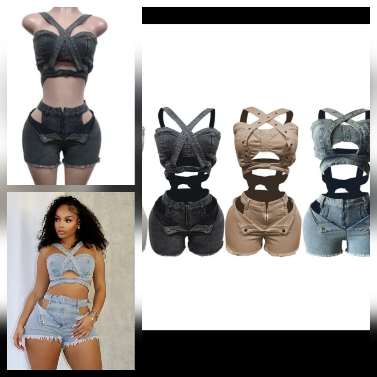 Denim cutout short set featuring stylish cutout design, available in multiple colors, ideal for summer fashion.