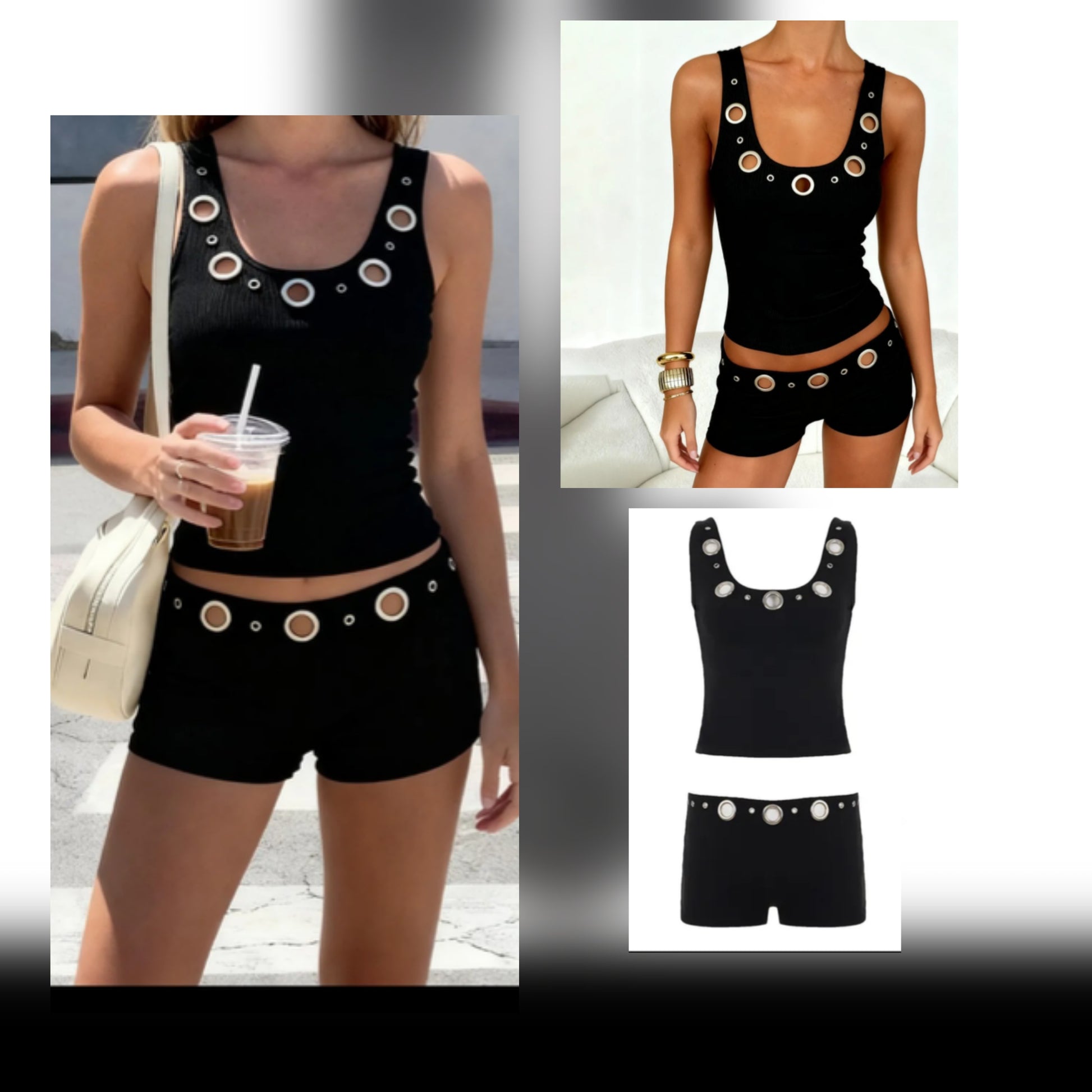 Stylish model wearing a gothic eyelet short set with a drink in hand, showcasing the unique eyelet design.