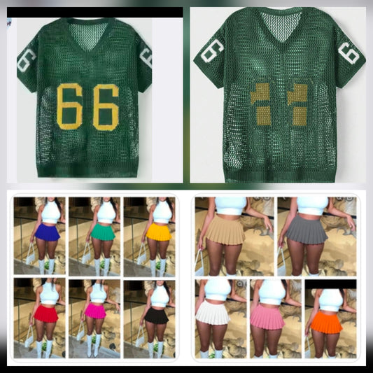 Pleated skirt and jersey set featuring mesh jerseys and a variety of colorful pleated skirts.