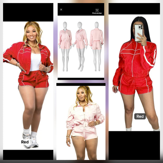 Women modeling rainproof windbreaker short set in red and pink colors, showcasing stylish all weather wear.