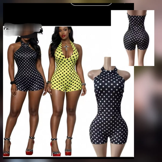 Three models showcasing a polka dot romper dress in varying styles and colors, emphasizing chic summer fashion.
