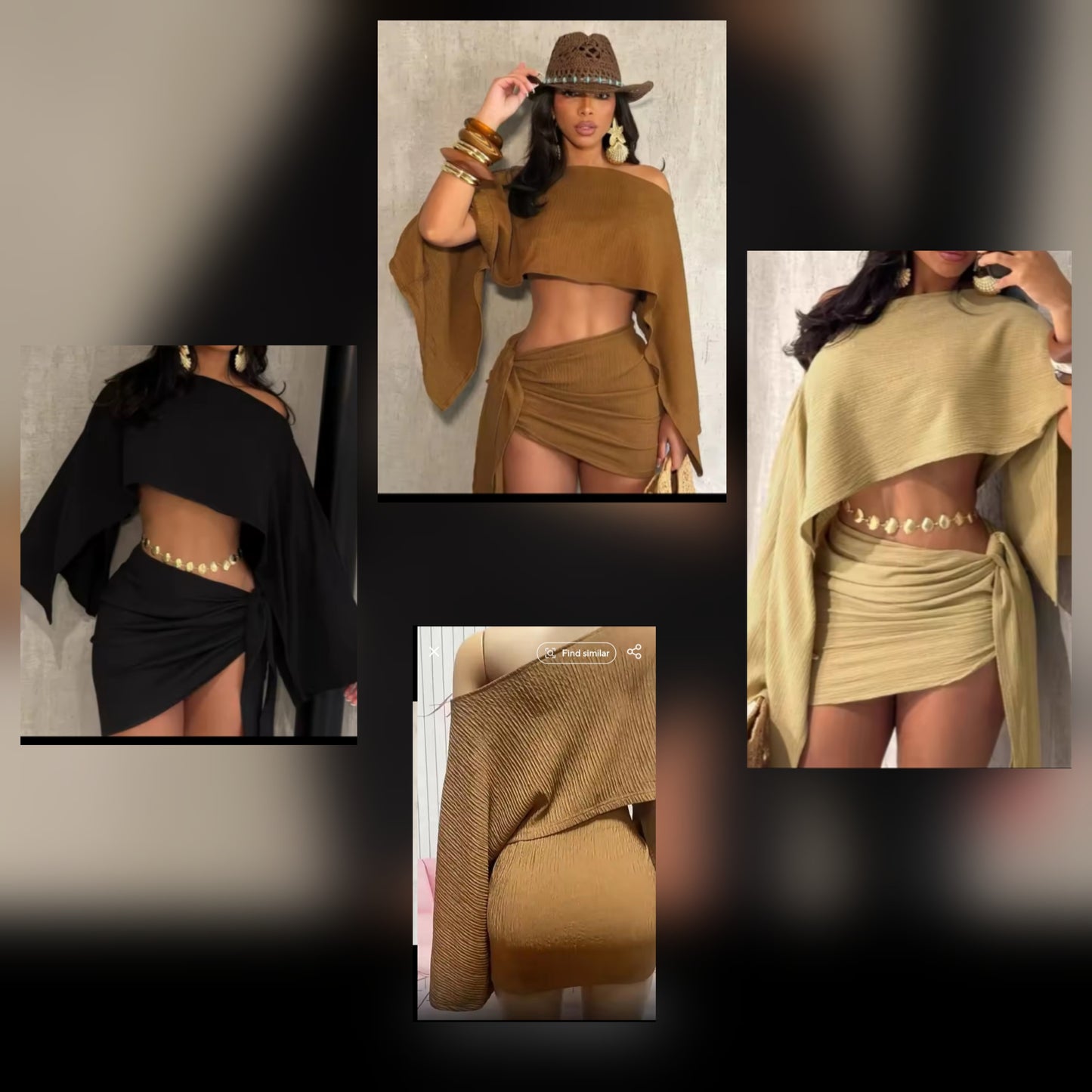 Model showcasing an off shoulder skirt set in various styles and colors, perfect for summer fashion.