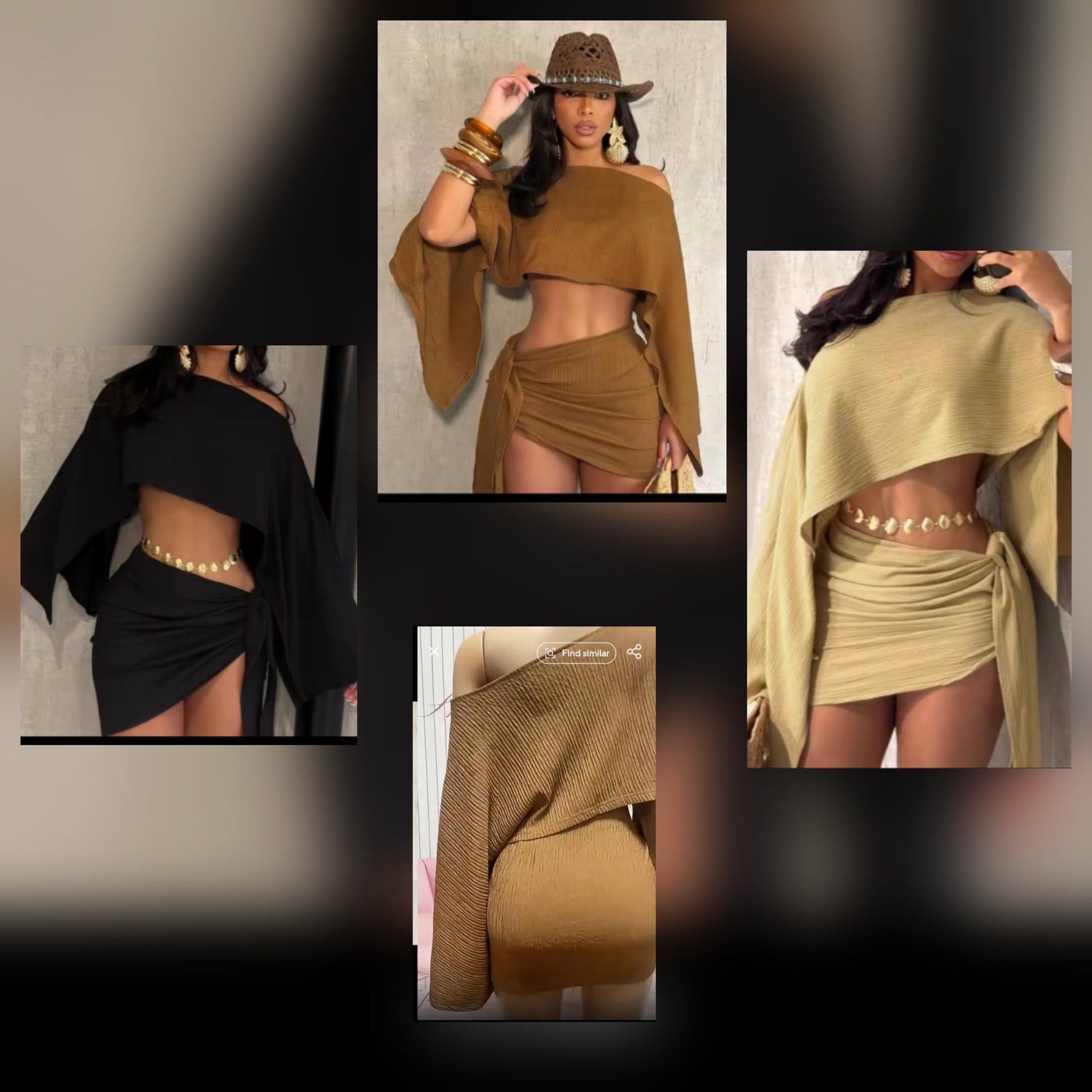 Model showcasing an off shoulder skirt set in various styles and colors, perfect for summer fashion.
