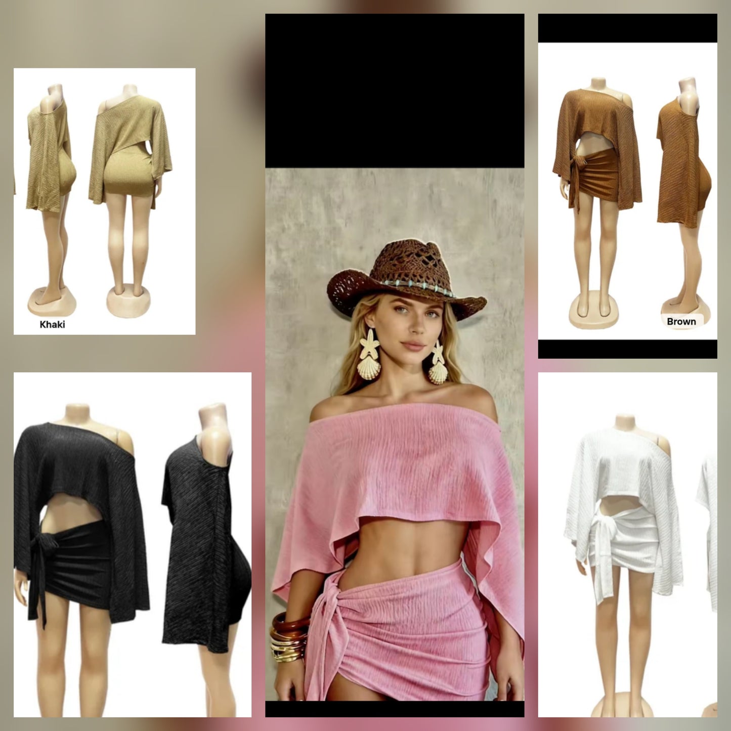 Off Shoulder Skirt Set featuring models in multiple colors including khaki, brown, black, and pink.
