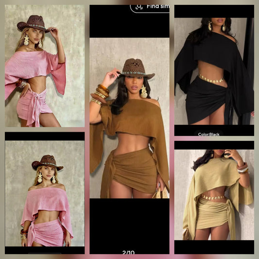 Off Shoulder Skirt Set featuring various colors and styles, including pink, brown, black, and beige outfits.