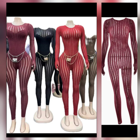 Four models wearing different colors of mesh jumpsuit with unique designs on display.