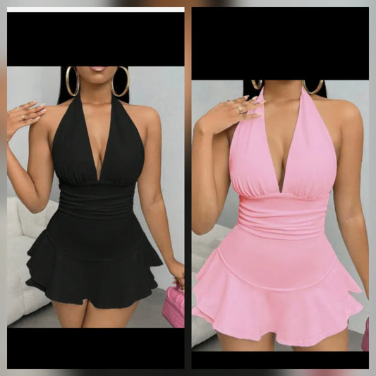 Halter V Neck Skort Dress