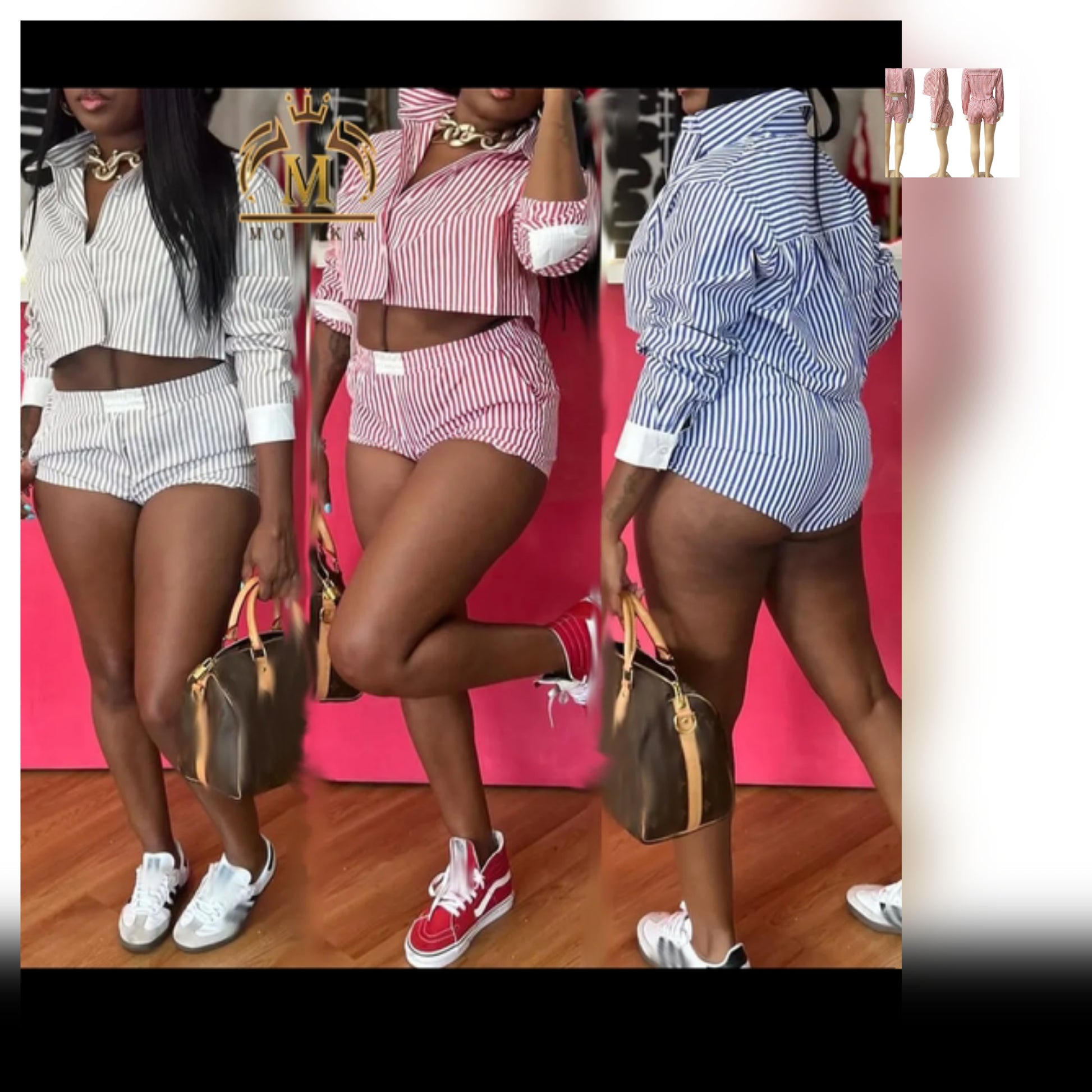 Stripe short set available in three colors: white, red, and blue, perfect for summer outfits and casual wear.