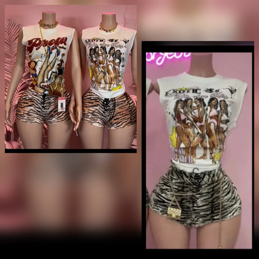 Girls graphic short set featuring a trendy graphic t-shirt and stylish shorts in a fashionable display.