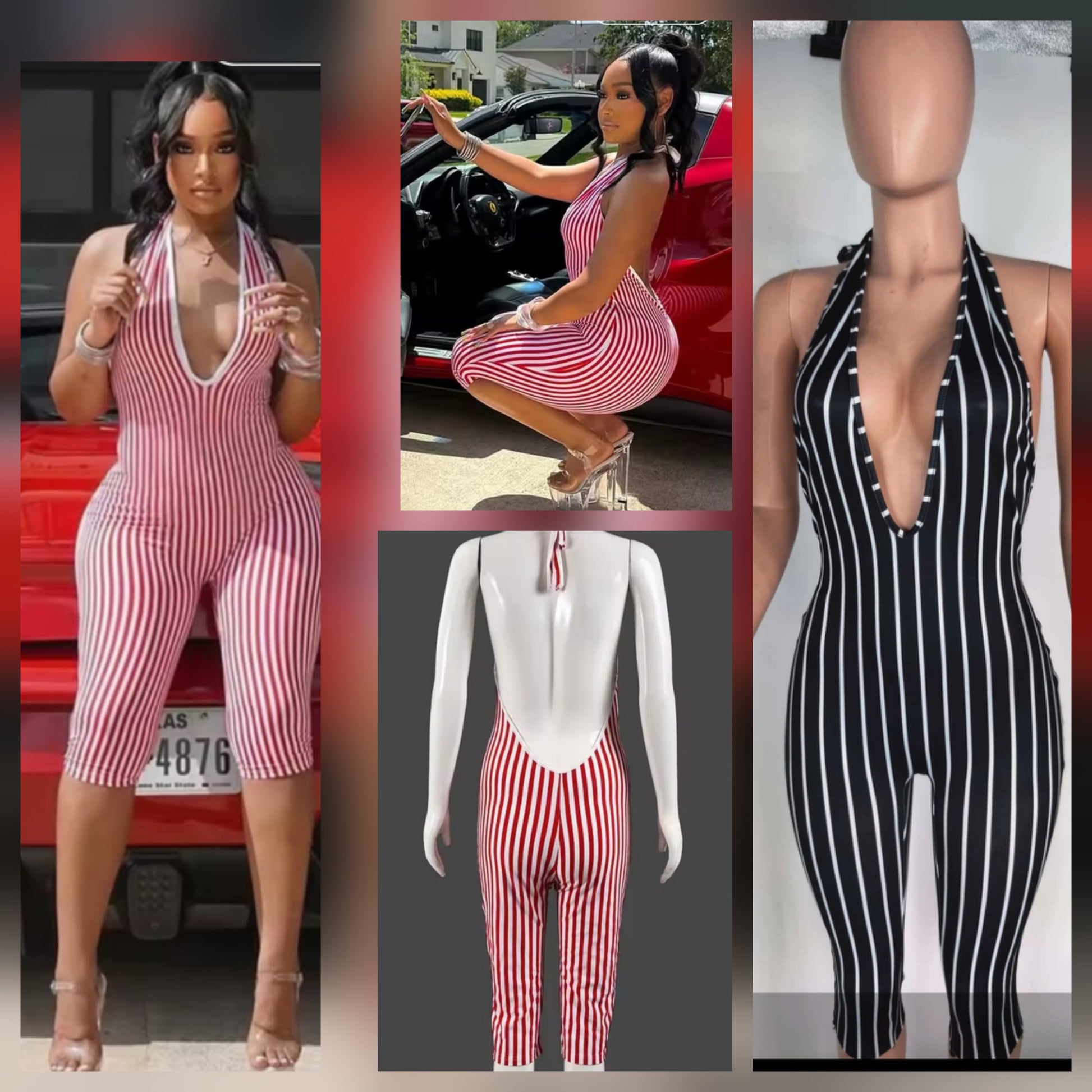 Pinstripe Capri Jumpsuit in red and black, showcasing a modern and stylish design for casual wear.