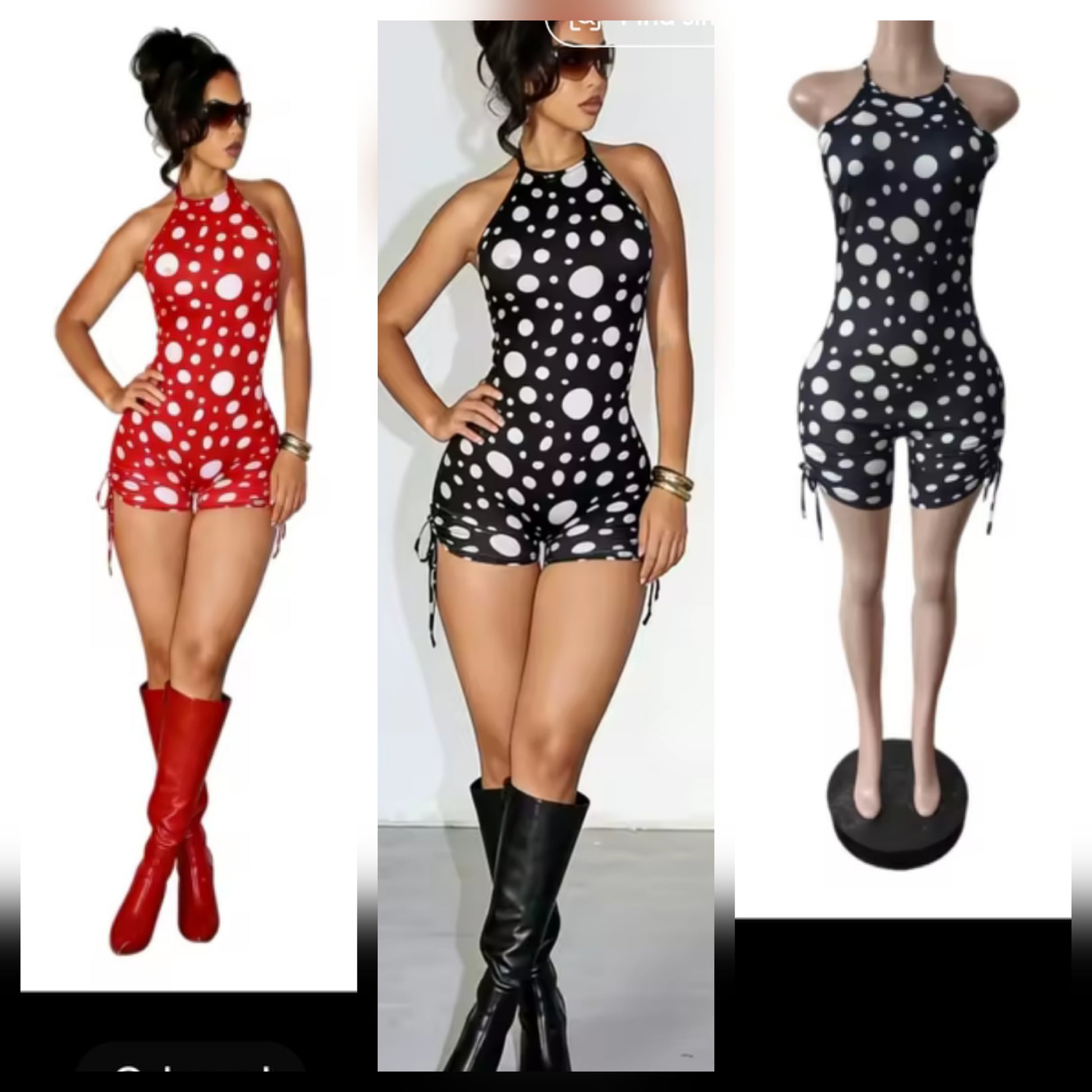 Polka Dot Romper with String displayed in red and black, showcasing various styles of the polka dot romper.