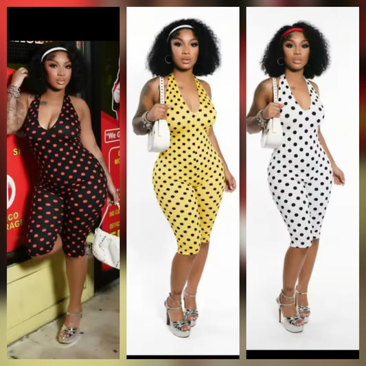 Polka Dot open neck Jumpsuit in black, yellow, and white showcased by model in stylish poses.