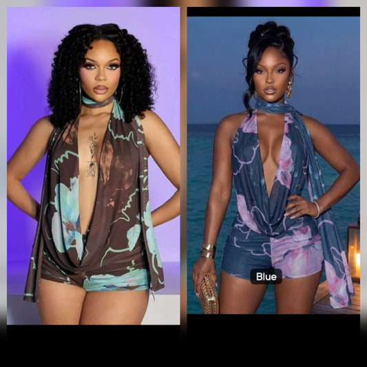 Two models showcasing a plunge floral romper in different colors, highlighting the floral design and plunge neckline.