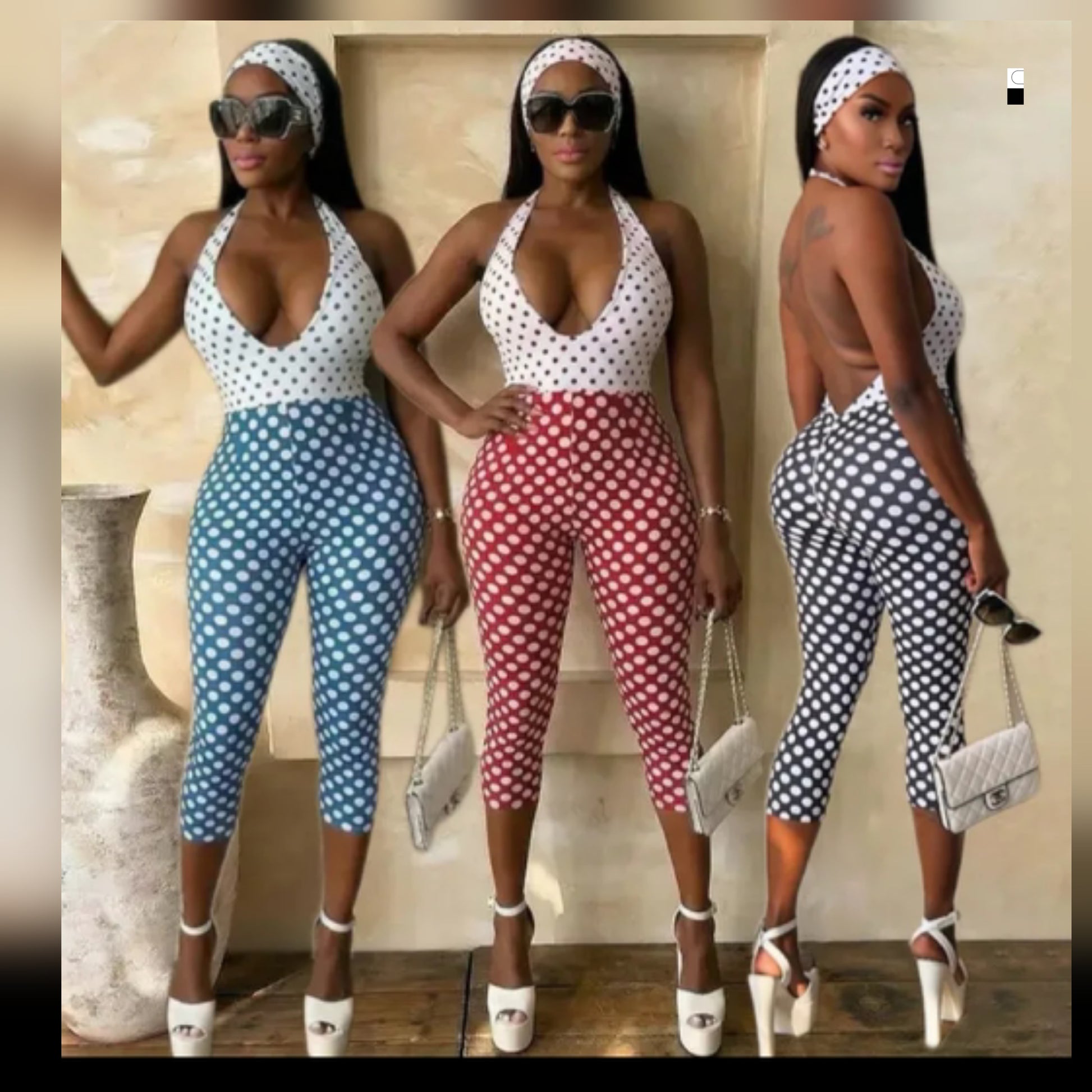 Polka Dot Jumpsuit in three colors: blue, red, and black, showcasing a stylish design and trendy pattern.