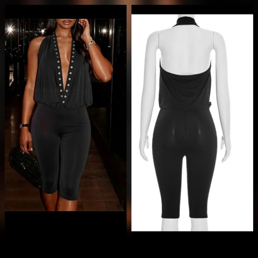 Black plunge capri jumpsuit featuring a plunging neckline and stylish design, perfect for evening wear.