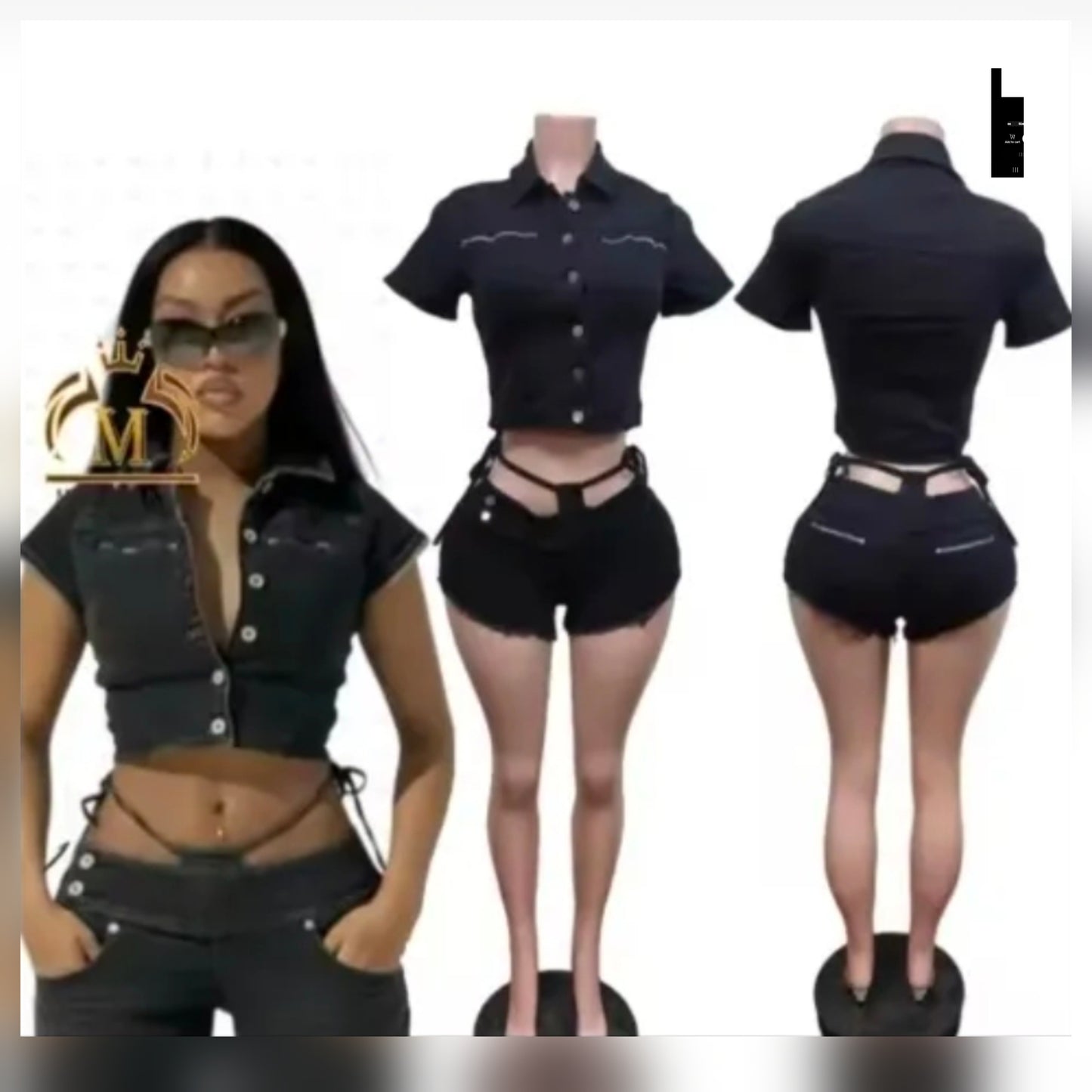 Model showcasing denim short set with string ties, featuring a cropped top and high-waisted shorts in black.