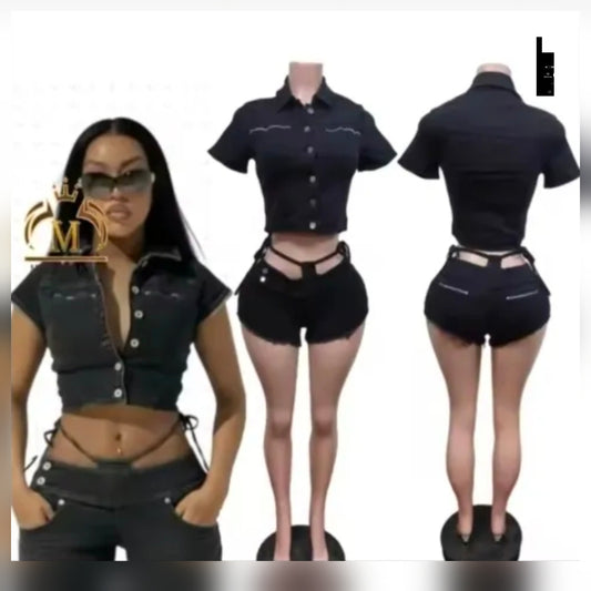 Model showcasing denim short set with string ties, featuring a cropped top and high-waisted shorts in black.