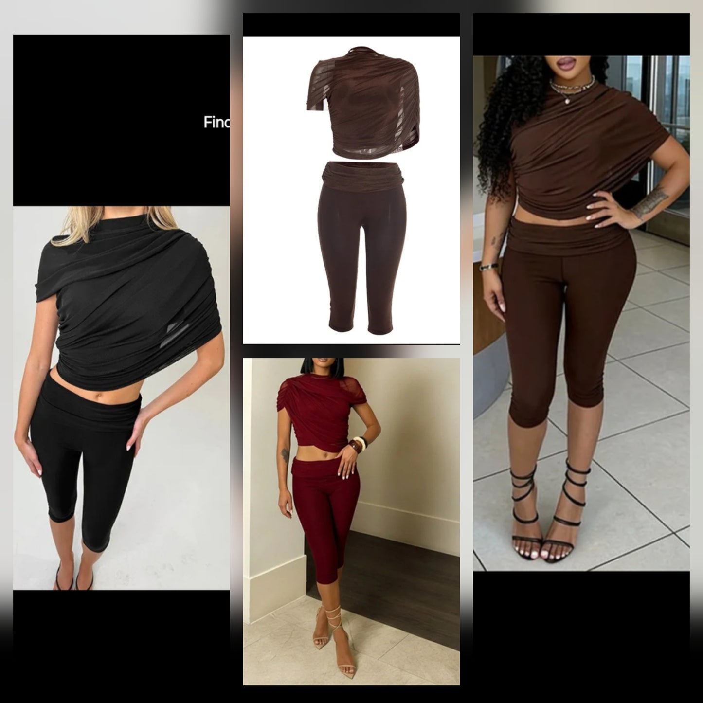 Drape Shoulder Pant Set showcasing stylish outfits in various colors and styles.