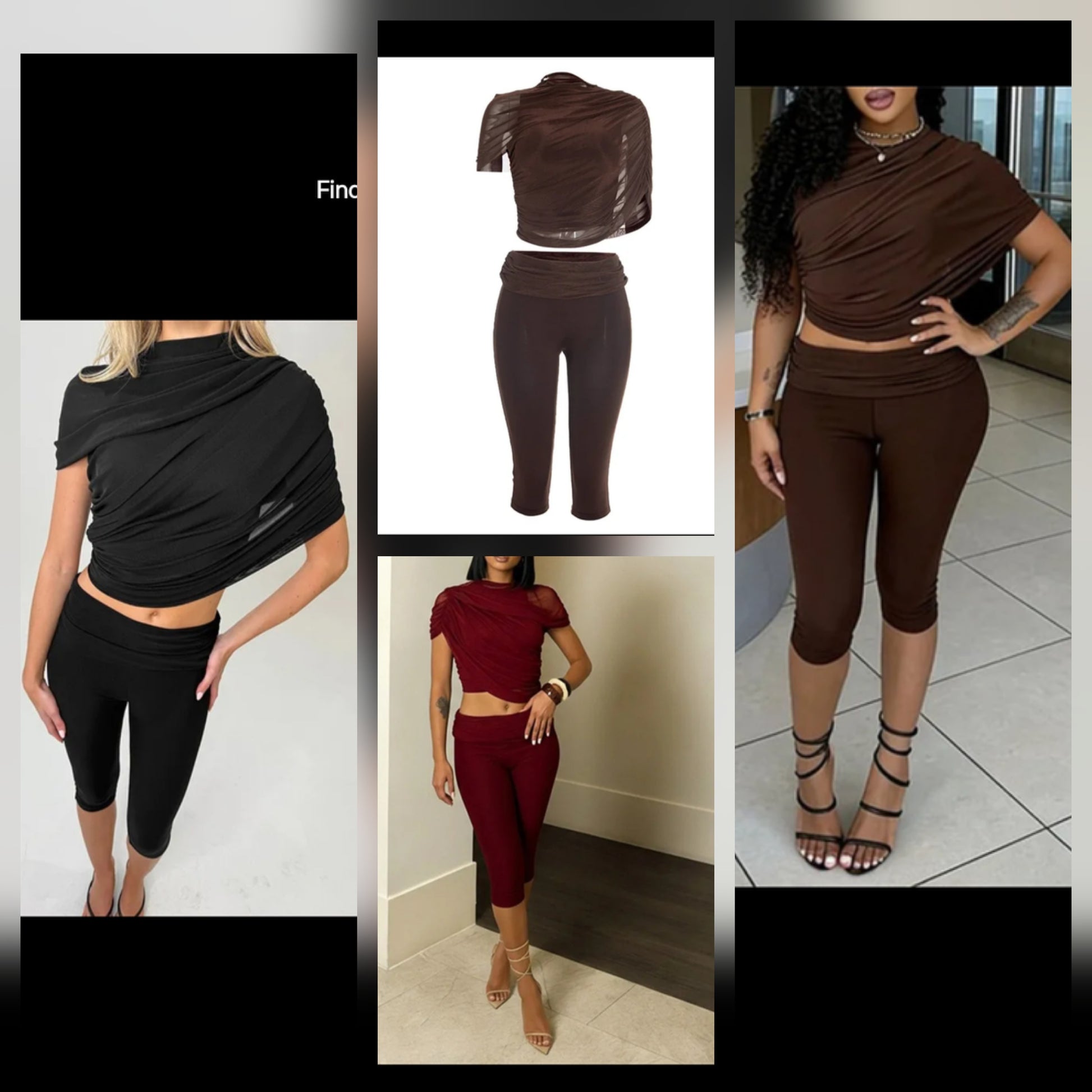 Drape Shoulder Pant Set showcasing stylish outfits in various colors and styles.