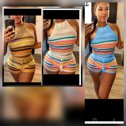 Model showcasing a stylish crochet short set in colorful designs and patterns.