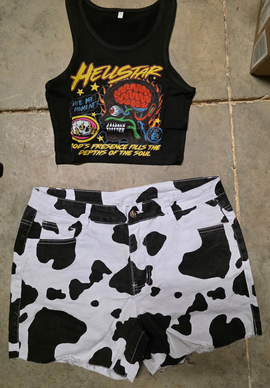 GRAPHIC Brain tee Short Set featuring a black crop top and cow print shorts.
