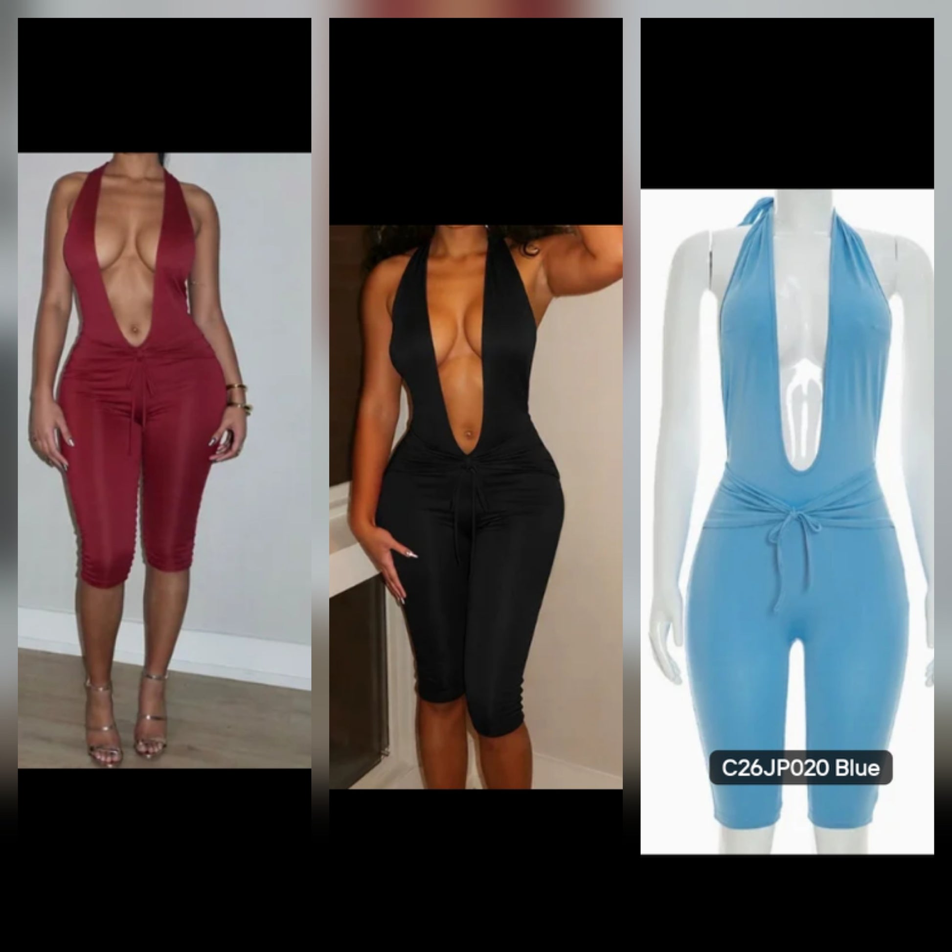 plunge neckline capri jumpsuit in red, black, and blue showcasing stylish designs and fits.