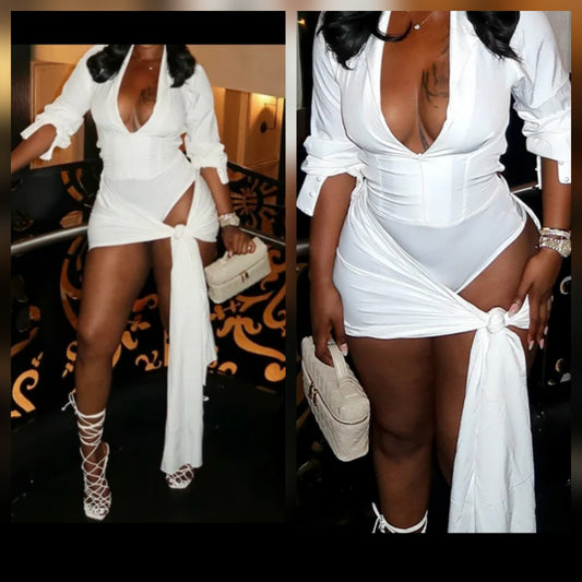 Model wearing a stylish white bodysuit skirt set, showcasing an elegant design and thigh-high slit.