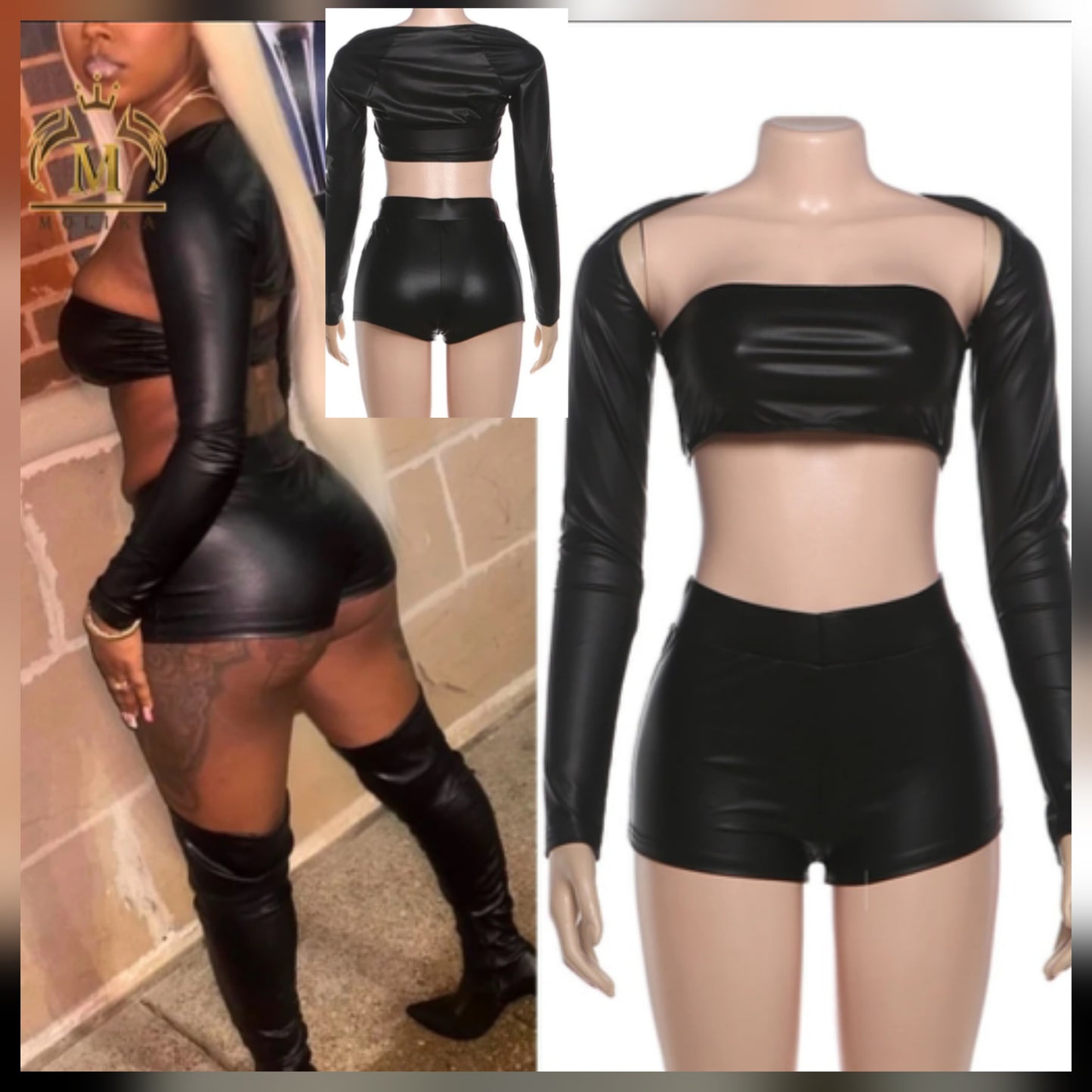 3pc Faux Leather Short Set showcasing a stylish black outfit with a crop top and high-waisted shorts.