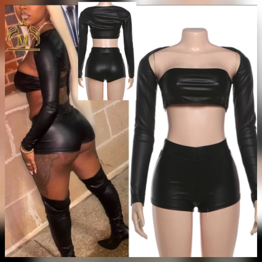 3pc Faux Leather Short Set showcasing a stylish black outfit with a crop top and high-waisted shorts.