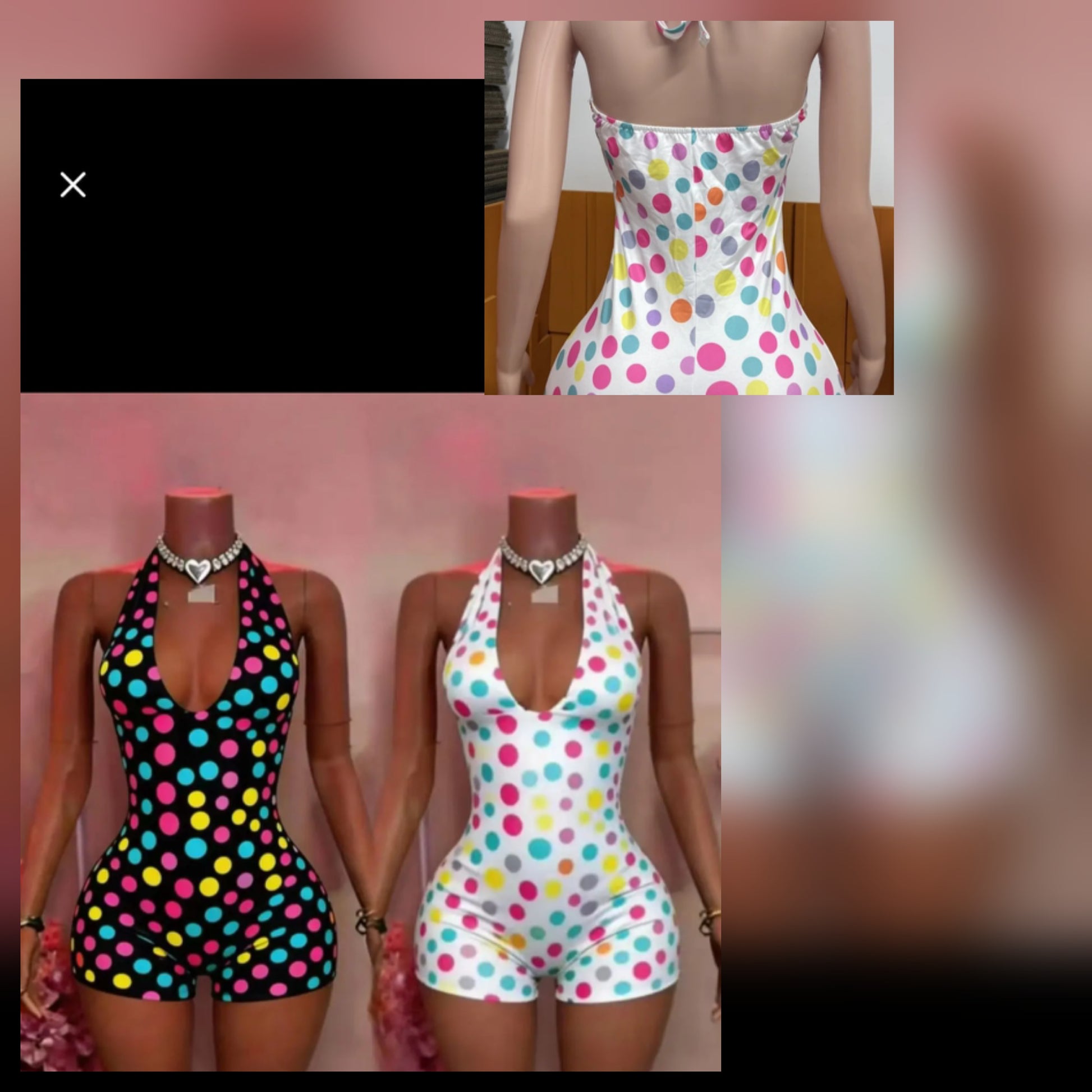 Polka Dot V neck romper displayed in two vibrant styles, featuring playful polka dot patterns and a stylish cut.