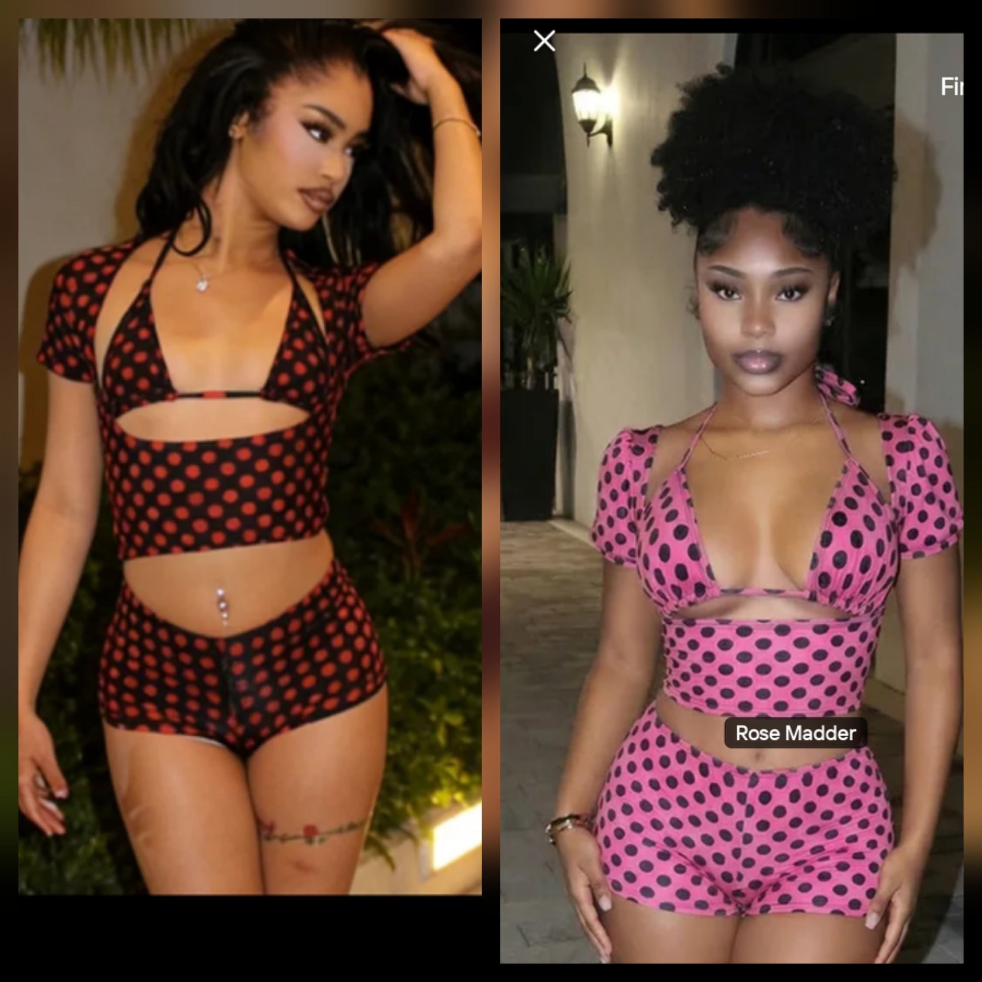 Polka Dot 3pc bralette short set featuring models in black and pink polka dot designs, ideal for summer fashion.