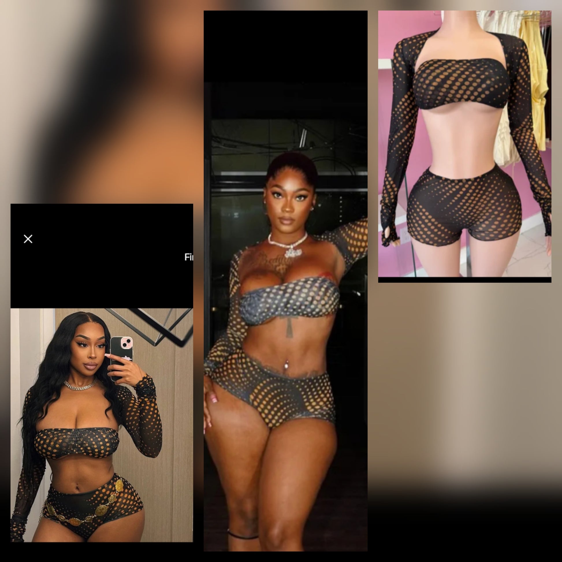 3pc Mesh Polka Dot Short Set displaying stylish design with long sleeves and flattering fit.