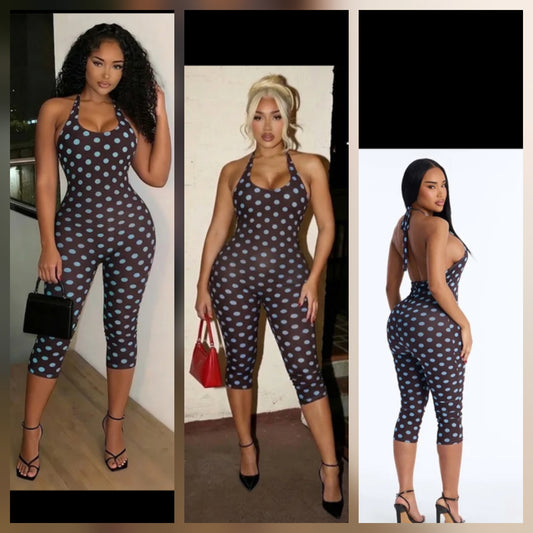 Three models wearing a brown blue polka dot jumpsuit showcasing its stylish design and fit.