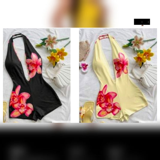 Backless plunge neckline romper in black and yellow with floral designs and stretch material.