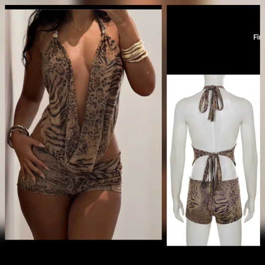 animal print plunge short set