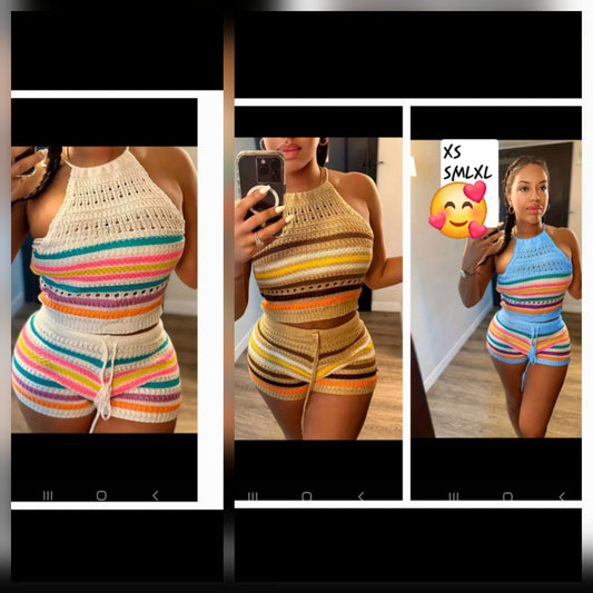 multicolor halter top short set