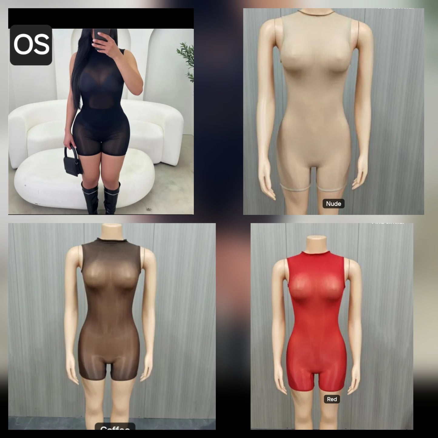 Various styles of mesh romper dress in nude, coffee, and red on display.