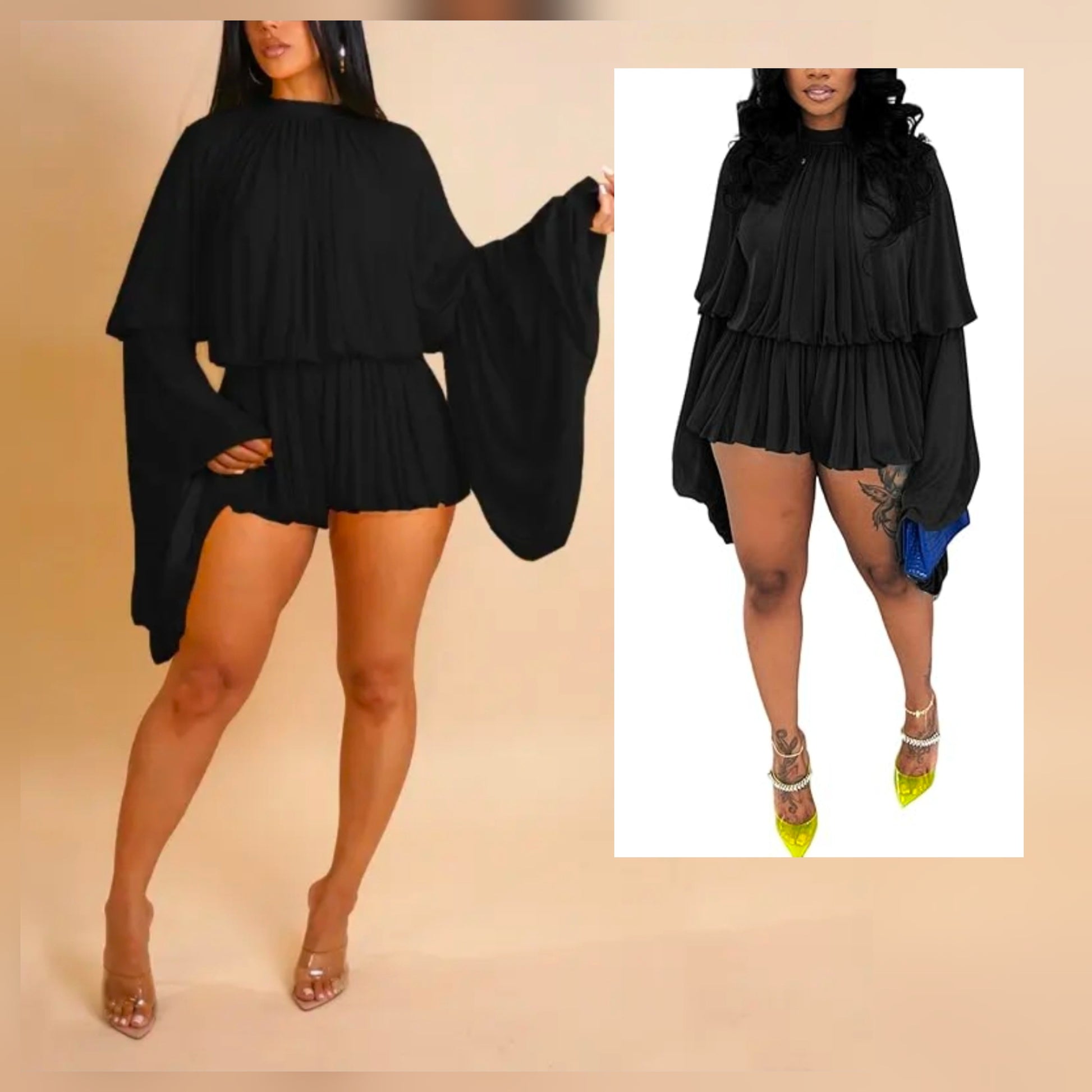 Stylish black plunge neckline floral romper with bell sleeves and ruffled layers, ideal for summer outings.