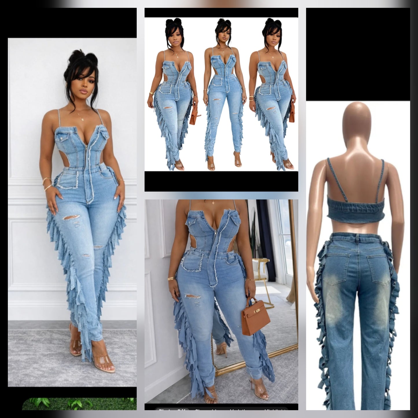 Shred denim pant set featuring stylish ruffled details and a trendy design, showcasing a fashionable look.