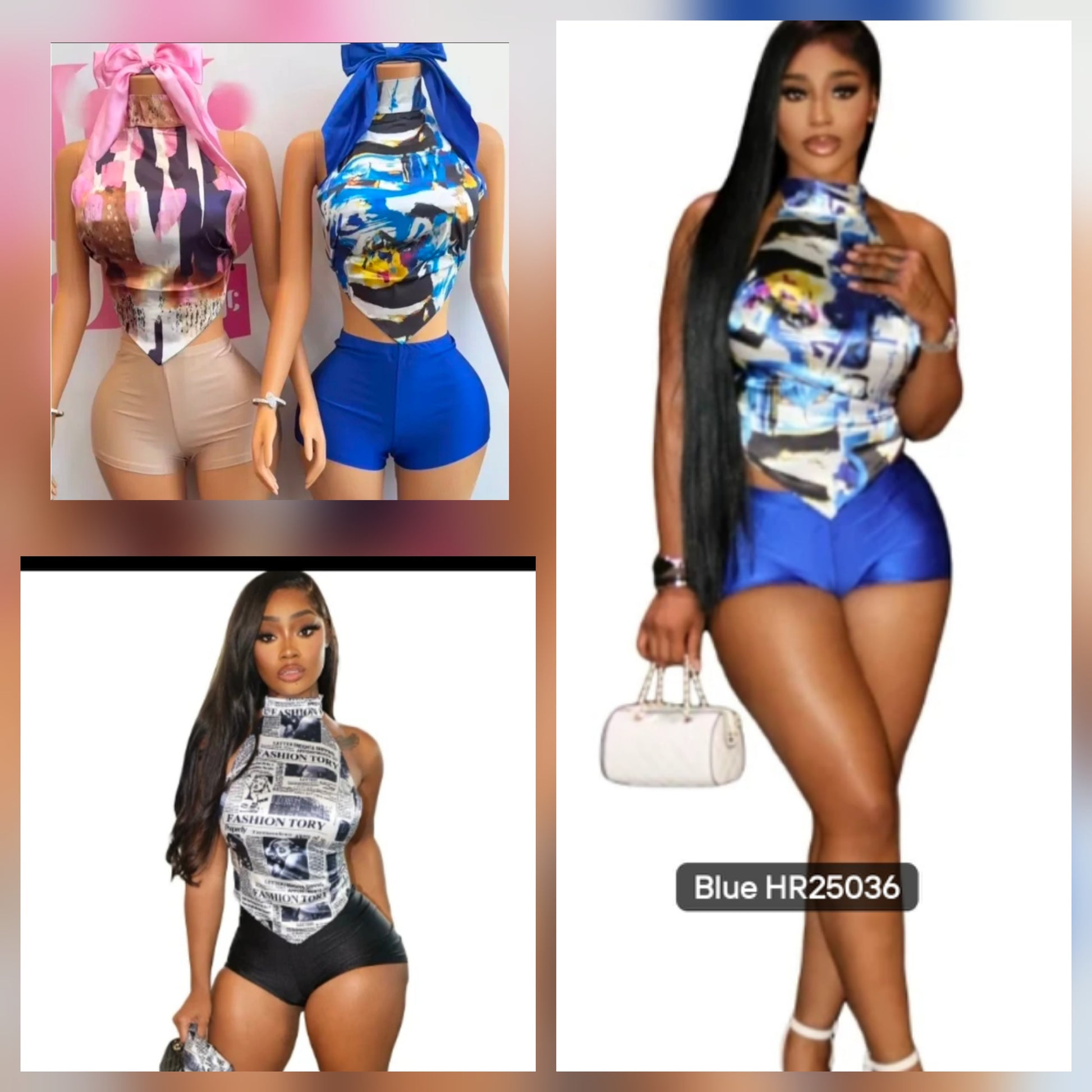 Scarf short set collection featuring three stylish colors and designs on model mannequins.
