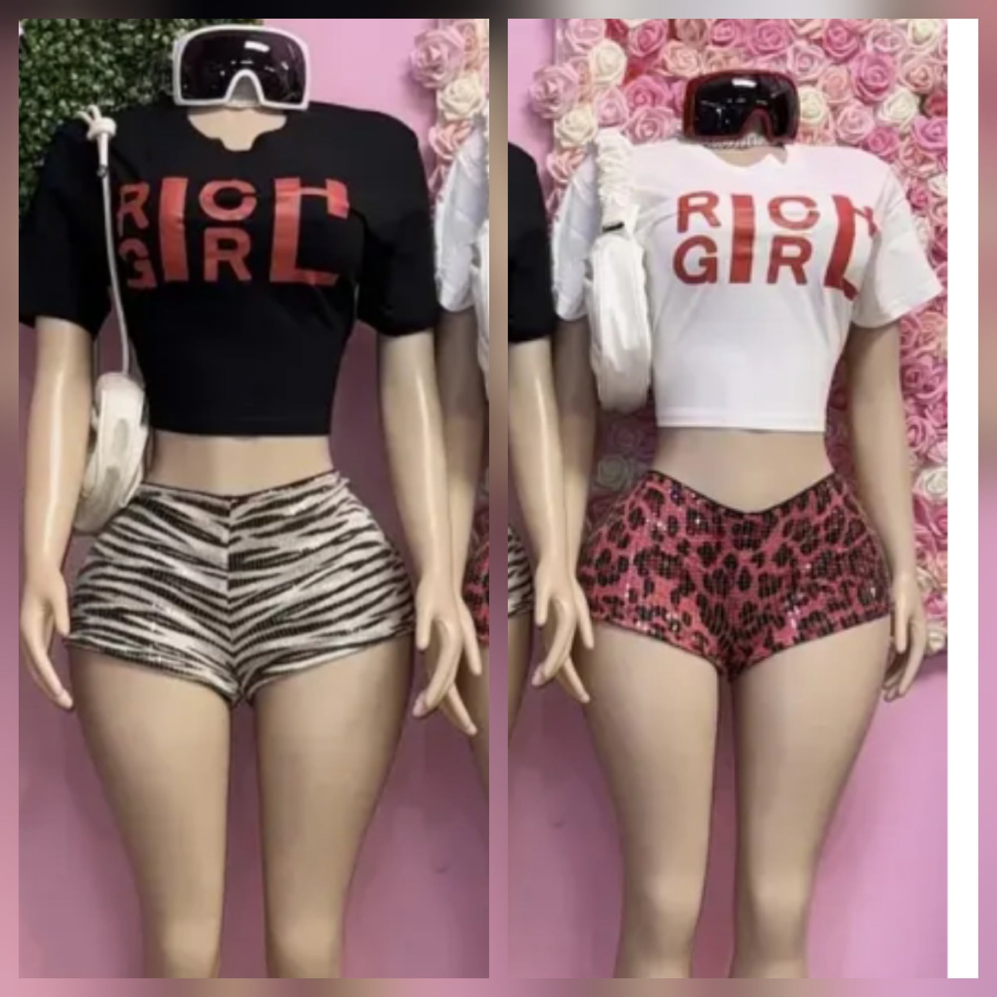 Graphic Tee Short set featuring stylish black and white rich girl graphic tees with trendy shorts.