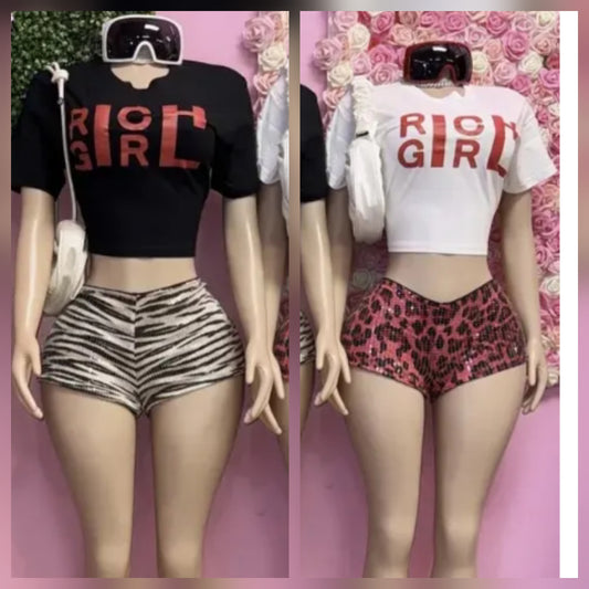 Graphic Tee Short set featuring stylish black and white rich girl graphic tees with trendy shorts.