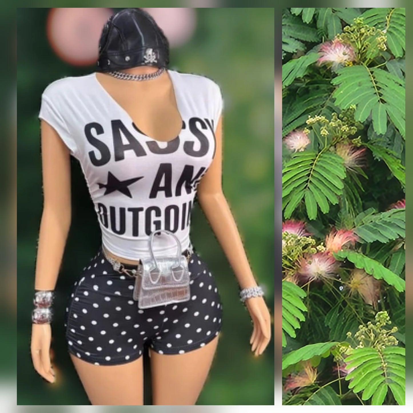 Polka Dot Sassy Graphic short set displayed on a mannequin with floral background, showcasing trendy summer fashion.