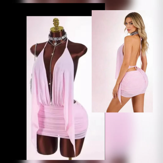 Mesh Pink Plunge Neckline Dress