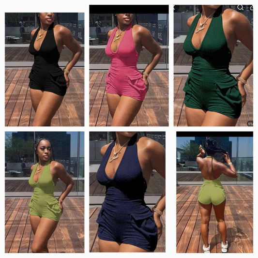 Halter Neck Ribbed or Textured Romper