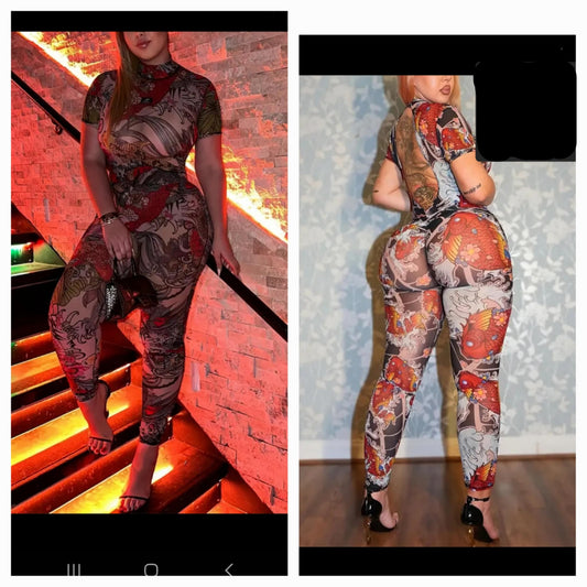 Mesh Oriental Print Jumpsuit